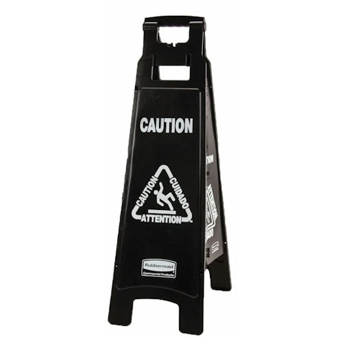 Rubbermaid Executive Multi-Lingual Caution Sign, 4-Sided, Black