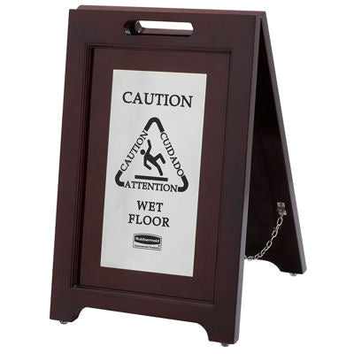 Rubbermaid 1867508 Executive Multi-Lingual Wooden Caution Sign, 2-Sided, Stainless